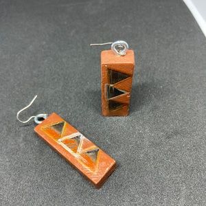 Brown painted tricolor wood block ad woodburned earrings